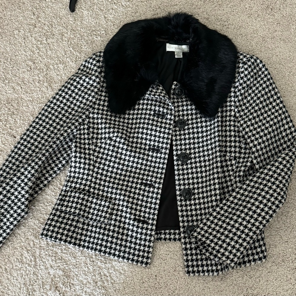 Petite Sophisticate Houndstooth Wool Button Coat with Fur Neckline